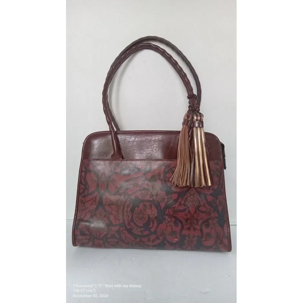 Vintage Tooled Leather Handbag with Tassel‎ Detail Brown Burgundy Floral Pattern